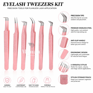 Ensemble de 6 pinces à cils professionnelles pour extensions de cils, kit d'extension de cils, isolation de volume, pinces courbées en forme de L, pinces de précision - Product Image 2