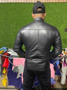 Genuine Leather <b>Jacket</b> with Woven Logo Zipper Closure Solid Pattern for Spring or Winter Season - Product Image 3