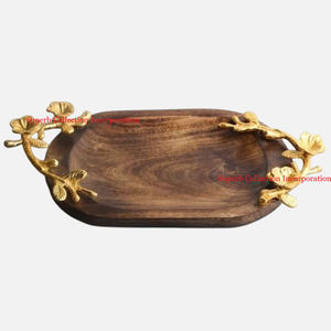 Plateau en bois brun de qualité supérieure avec poignée d'accent de feuille d'or plateau de service de nourriture décoratif de cuisine fournitures d'hôtel et d'événements - Product Image 2