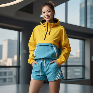 Pantalones cortos con capucha impermeables de nailon 100%, chándales cortavientos de dos piezas con varios paneles, traje cortavientos estilo urbano para lluvia - Product Image 1