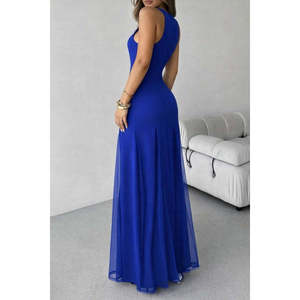 Women's Strappy Crew Neck Asymmetrical Flared Long Imported Crepe <b>Dress</b> with <b>Tulle</b> Hem Detail, 34799 - Saks <b>Blue</b> - Product Image 5