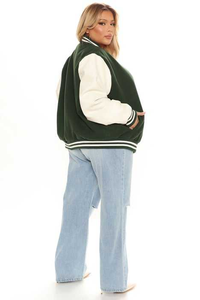 Veste universitaire écologique respirante à carreaux verts et blancs personnalisée pour femmes, streetwear, veste de baseball universitaire, veste bomber décontractée en laine - Product Image 5