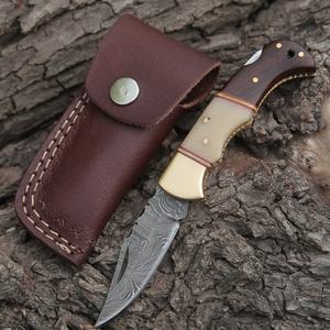 Handmade Damascus Steel Folding <b>Knife</b> | Camping EDC Pocket <b>Knife</b> Wood <b>Handle</b> | Custom OEM Outdoor Leather Pouch 7-Inch Overall - Product Image 5