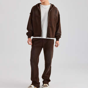 Survêtements personnalisés OEM à capuche en coton 100% délavé à l'acide avec poches zippées, confortables et durables, ensemble deux pièces pour activités de plein air - Product Image 3