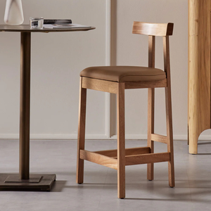 Tabouret de bar minimaliste en teck massif durable avec siège rembourré pour bar et comptoir modernes à domicile - Product Image 1