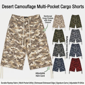 Pantaloni Capri Mimetici Personalizzati da Uomo con Tasche Multiple, Pantaloni <span class=keywords><strong>Cargo</strong></span> Corti <span class=keywords><strong>Beige</strong></span> Camouflage con Orlo Regolabile, Produzione OEM - Product Image 1