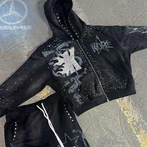 Chándales de invierno para hombre, de corte holgado, con capucha, tejidos, totalmente estampados, lisos, transpirables, estilo urbano, de forro polar, con pedrería, OEM, con lavado ácido - Product Image 2