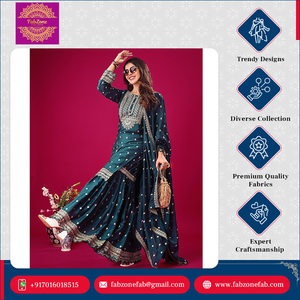 Nouvelle collection tendance de créateurs, ensemble Kurti Sharara traditionnel indien pour femmes, haut en chinon lourd et fantaisie, occasion spéciale, mariage, haut de gamme - Product Image 6