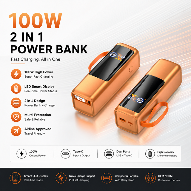 Big Power Banks 25000 MAh Power Bank 100W Fast Charging Built-in Cable for Phone Laptop Computer TFT Design OEM ODM Service