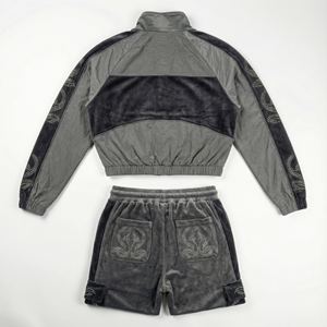 Conjunto Deportivo Personalizado para Mujer, Terciopelo, Nailon, Patchwork, Pedrería, Estampado Sólido, Ligero, Transpirable, Chaqueta Corta, Pantalones Ajustados - Product Image 3