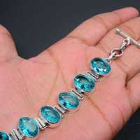 Pulsera de Plata de Ley 925 Hecha a Mano con Topacio Azul, Estilo Vintage Boho Hippie para Mujer, Certificada por Terceros, Regalo