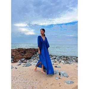 Women Tie <b>Dye</b> Kaftan Solid <b>Blue</b> Knitted Floor-Length V Neck Natural Waistline Washable Flowy Beach Wear Summer Resort Boho Long - Product Image 3
