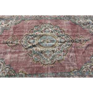 Alfombra clásica de lana hecha a mano rosa y azul, estilo Tabriz turco de 5,1x8,5 pies con respaldo de látex con patrón de retazos para sala de estar - Product Image 5