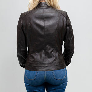 Veste en simili cuir noir pour femme, col montant, coupe slim, fermeture éclair, vêtement d'extérieur décontracté pour l'hiver - Product Image 3