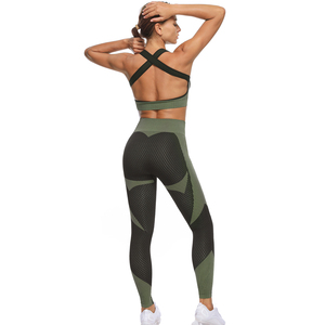 Conjunto de ropa de gimnasio de secado rápido transpirable de talla grande personalizada para mujer, mallas de Sujetador deportivo de yoga con logotipo frontal acanalado elástico, pedido mínimo - Product Image 5