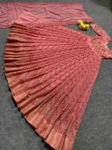 Diseñador de las mujeres Faux Georgette encaje borde Dupatta totalmente cosido largo bordado vestido indio bodas fiestas Material pesado - Product Image 4