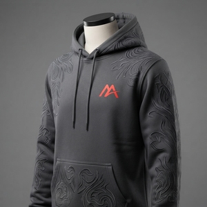 Sweat à capuche brodé gris anthracite pour homme MATTIERA, motif graphique rouge et argenté, en molleton, style streetwear, personnalisable, vente en gros, OEM, ODM - Product Image 2