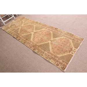 Turkish Rug, 3x8.3 ft Runner Rug, <b>Brown</b> Check <b>Wool</b> Vintage Rug - Product Image 3