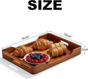 Plateau de service rectangulaire en bois d'acacia avec poignées, grand plateau décoratif pour Ottoman, plateau de service pour aliments et boissons, 16x12 pouces, usage domestique - Product Image 6