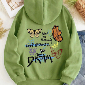 Sudadera con Capucha con Estampado de Mariposa Verde, Estilo Urbano, Felpa Acogedora, Corte Holgado, Moda Juvenil, Cálida, Informal, para Uso Diario - Product Image 1
