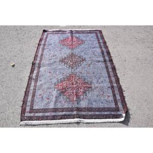 Tapis turc Kilim, 4x5,9 pieds, tapis vintage, tapis en laine bleu patchwork - Product Image 1
