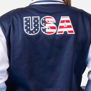 Chaqueta Letterman para Mujer, Cuerpo de Lana Cachemira Amarilla y Mangas de Cuero Genuino Azul, Chaquetas Universitarias de la Hermandad Griega - Product Image 6