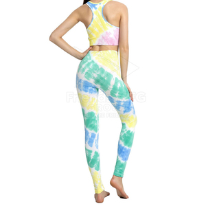 Women Tie Dye Yoga <b>Set</b> High Waist Leggings Crop Top 2 Piece Spandex/Nylon Breathable Full Length Non-Convertible Straps Front - Product Image 2