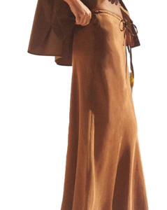 Nueva llegada falda marrón con nudo de corbata para mujer con tela de satén suave ideal para reuniones de negocios o cenas elegantes de noche a la venta - Product Image 4