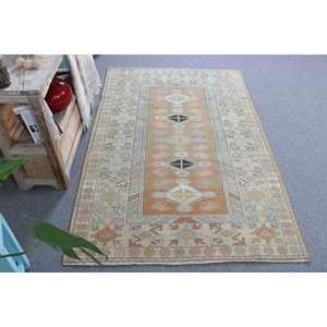3.7x5.8 ft Vintage Turkish <b>Wool</b> Rug Eco-Friendly Brown <b>Yellow</b> Patchwork with Latex Backing - Product Image 2
