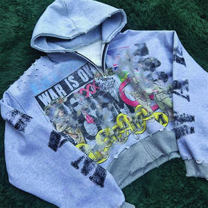 ผู้ผลิตเสื้อผ้าผู้ชายขายส่ง 350% GSM เสื้อฮู้ดดี้แบบซิป พิมพ์ลายสกรีน เสื้อฮู้ดดี้แบบทำเก่า ประดับคริสตัล - Product Image 5