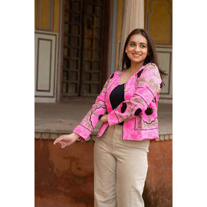 Handmade Embroidery <b>Reversible</b> <b>Jacket</b> for Ladies Satin Leather Outerwear Linen Lining Quilted Boho for Autumn Spring Winter - Product Image 5