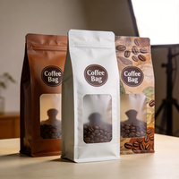 Emballage personnalisé OEM avec finition mate pour l'emballage des grains de café, sac à fond plat avec fermeture éclair et fenêtre