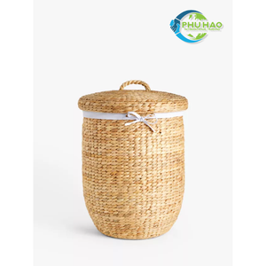 Premium Vietnamese Round WATER HYACINTH <b>BASKET</b> <b>Laundry</b> <b>Basket</b> with Cotton Liner Handwoven for Rustic Charm <b>Laundry</b> Organizer - Product Image 2