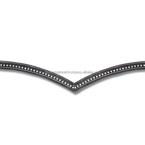 Bande de front de cheval en cuir anglais noir en forme de V profond avec coutures de rembourrage doux et strass à une rangée de cristaux bande de front bling - Product Image 2