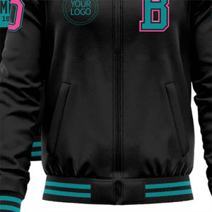Veste universitaire noire broderie personnalisée unisexe corps en laine avec manches en simili cuir bordure turquoise et rose design personnalisé - Product Image 6