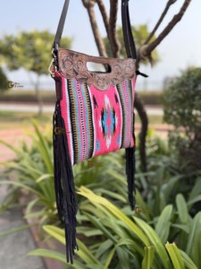 New Arrival Stylish Lightweight Women's <b>Hand</b> Tooled Fringe Jacquard Sling Bag Red Aztec Fabric Zipper Closure Letter Bohemian - Product Image 3
