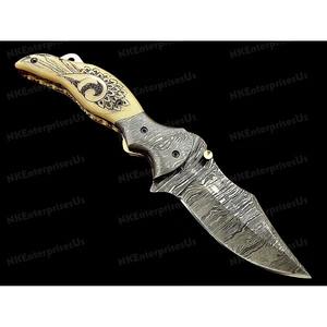 มีดพับเหล็กดามัสกัสพร้อมที่จับกระดูกคลิปจับกระเป๋าสำหรับตัดล่าสัตว์ - Product Image 3