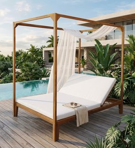 Lit de repos d'extérieur en teck avec coussin en mousse à mémoire de forme et dossier inclinable pour terrasse au bord de la piscine - Product Image 5