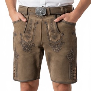 New Men's Bavarian Plaid Antique-<b>Look</b> Goat <b>Leather</b> Lederhosen Mid Waist Breathable <b>Shorts</b> Wildbock Design Brown All Sizes - Product Image 4