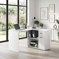 Bureau d'ordinateur moderne blanc avec étagères, bureau d'ordinateur en forme de L tout-en-un avec tiroirs, bureau et table pour laboratoire informatique universitaire