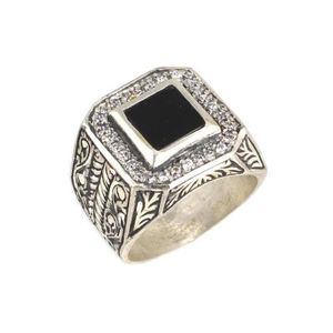 925 Sterling Silver Men's <b>Ring</b> with Princess Cut Zircon and Square Onyx Stones Bezel Set with <b>Turquoise</b> for Everyday Wear - Product Image 1