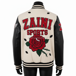 Veste universitaire en laine GSM de haute qualité pour femmes Manches noires Crème Corps Broderie Chenille Patch Logo personnalisé Veste universitaire pour femmes - Product Image 2