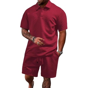 New Streetwear 240gsm Men Polo Shirt <b>Set</b> Jacquard Fabric Short Sleeve Checkered Design Summer Thin Casual Two Piece <b>Set</b> - Product Image 1