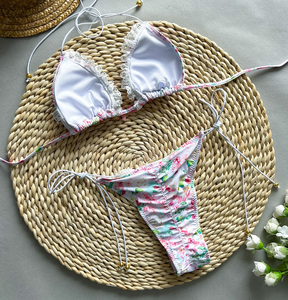 Micro Bikini brasileño para mujer, Top triangular estampado Sexy con flores de encaje y apliques de diamantes de imitación, traje de baño para mujer - Product Image 2