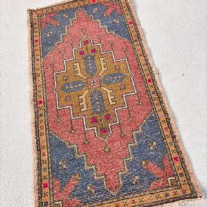 1.8x3.3 ft Rug, Vintage Turkish Rug, <b>Red</b> Blue Bordered <b>Wool</b> Rug - Product Image 2