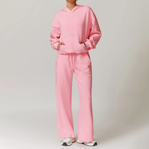 2025 nuevo Otoño Invierno cintura alta 2 piezas conjunto Joggers pantalones sudadera con pantalones de chándal Sudadera con capucha en blanco conjuntos de entrenamiento sueltos para mujeres - Product Image 2