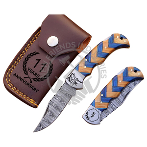 Handmade Damascus Steel Back <b>Lock</b> Pocket Knife Blue Olive Wood Handle DIY Sharp Edge Leather Sheath Personalized Folding Knife - Product Image 3
