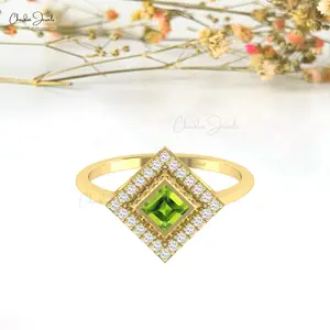 Green Peridot Gemstone Halo Ring 14k Solid Gold 1.20 mm Round Cut White Diamond Halo Ring New Fine Wholesale Jewelry Collection