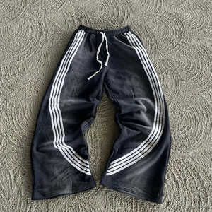 Pantalon de survêtement unisexe en toile de coton brodée, vintage, délavé à l'acide, respirant, écologique, coupe évasée pour homme, style streetwear, rayé - Product Image 1