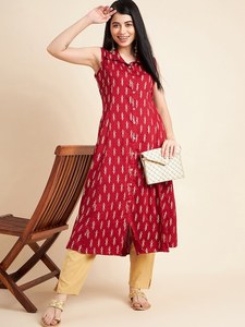 Gran oferta, alta demanda, moda, alta calidad, estampado Floral étnico, tela de algodón sin mangas, conjunto de Kurta de línea A para mujer - Product Image 2